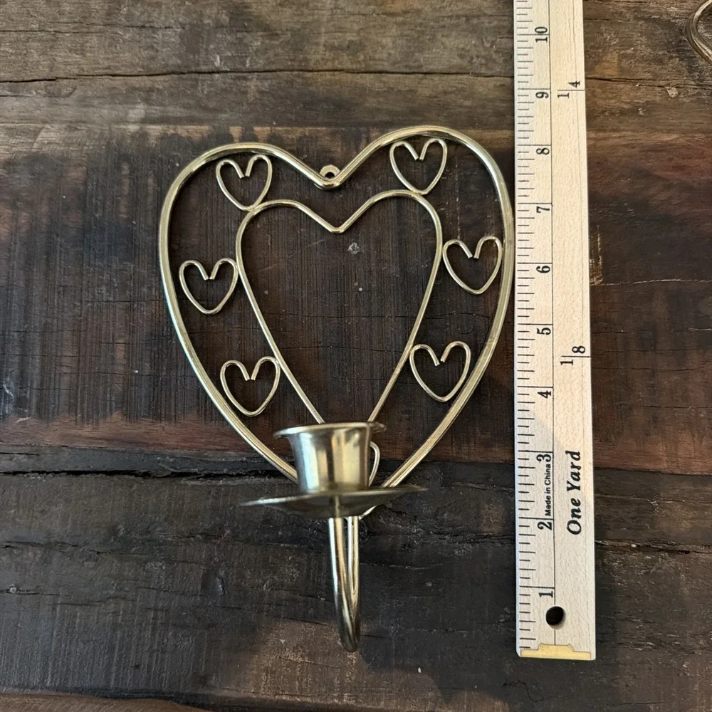 Vintage brass toned Heart-Shaped Wall-Mount Candle Holders Pair sconces retro